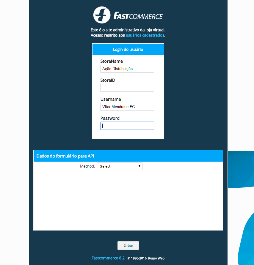 Imagem da tela de login de teste da API, os campos n�o est�o preenchidos
