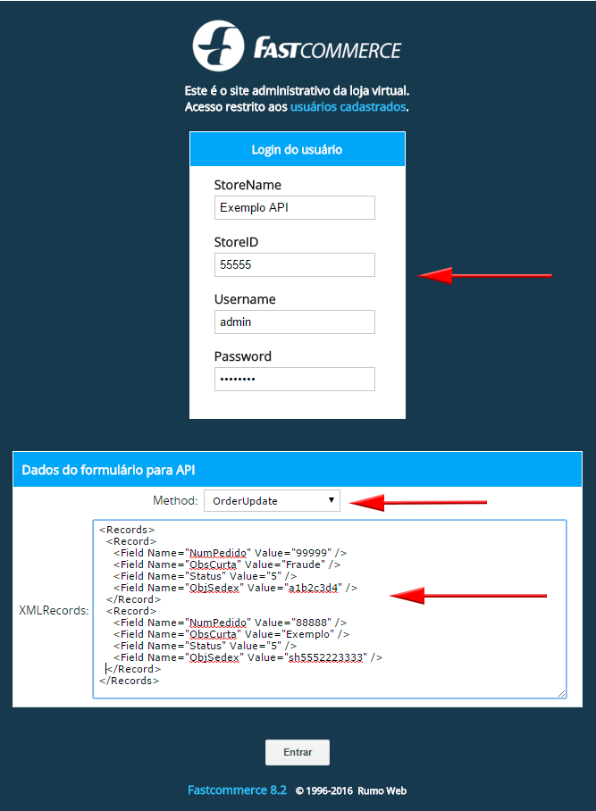 Imagem da tela de login de teste da API, os campos n�o est�o preenchidos