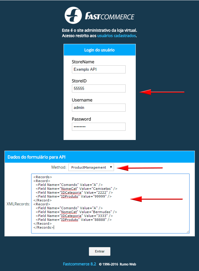 Imagem da tela de login de teste da API, os campos n�o est�o preenchidos